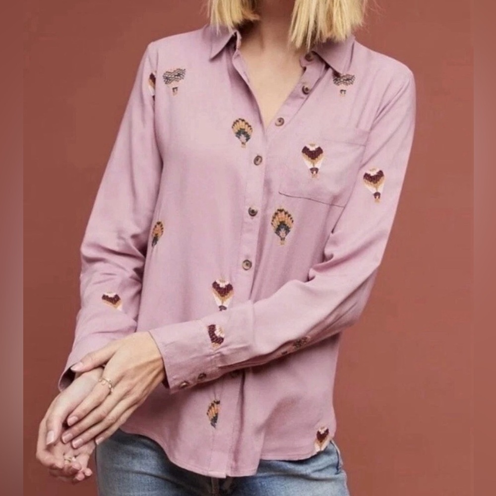 Anthropologie Blouse Sz 4 Mauve Hot Air Balloon Embroidered Whimsical Boho Artsy